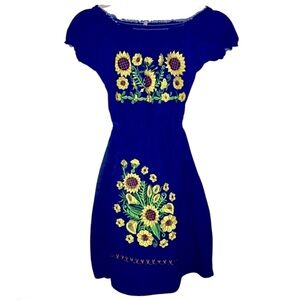 Navy Blue Off Shoulder Dress with Yellow Sunflowers Girls Size 10